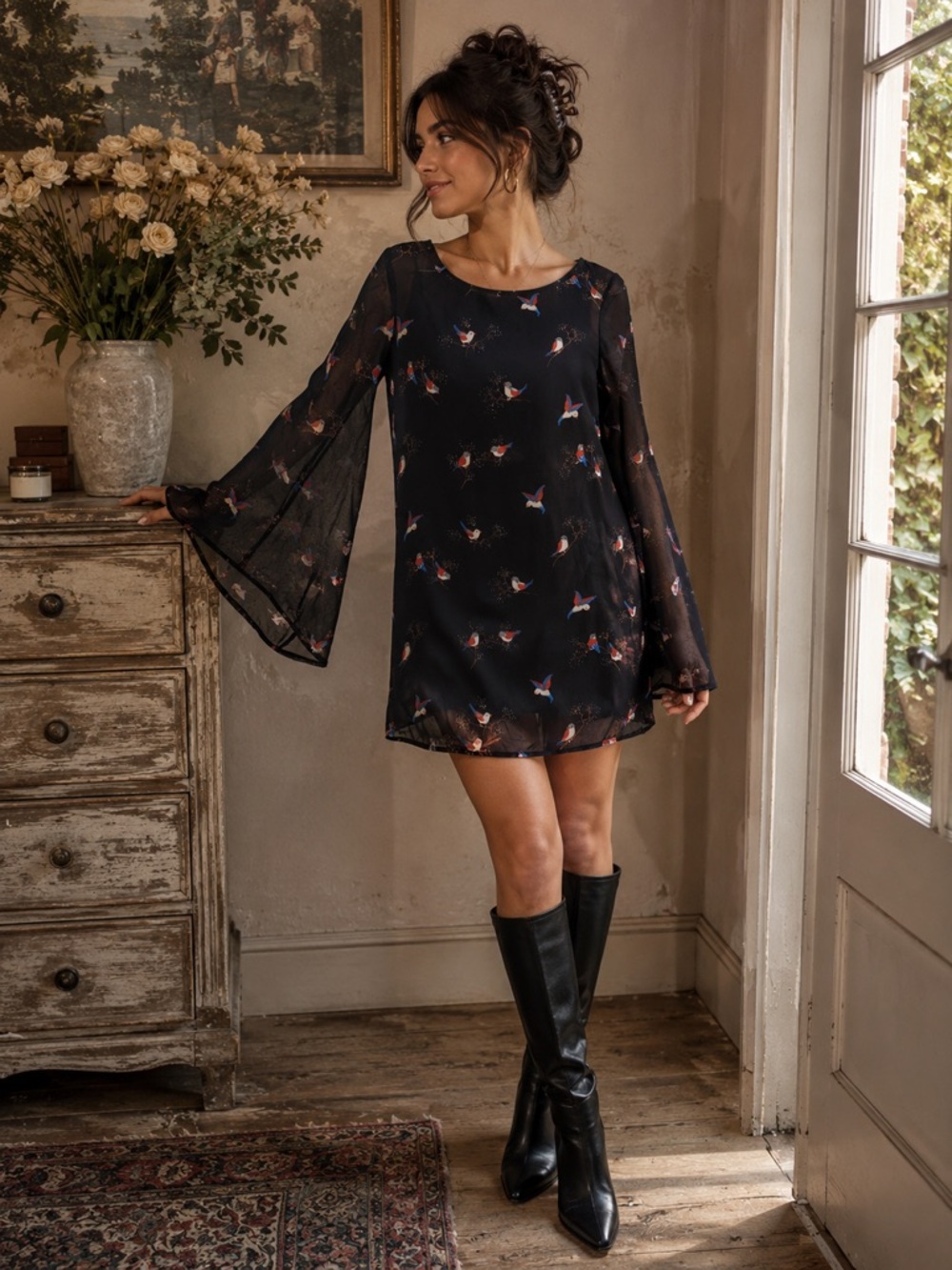 Spare Black Sheer Bird-Print Bell Sleeve Mini Dress